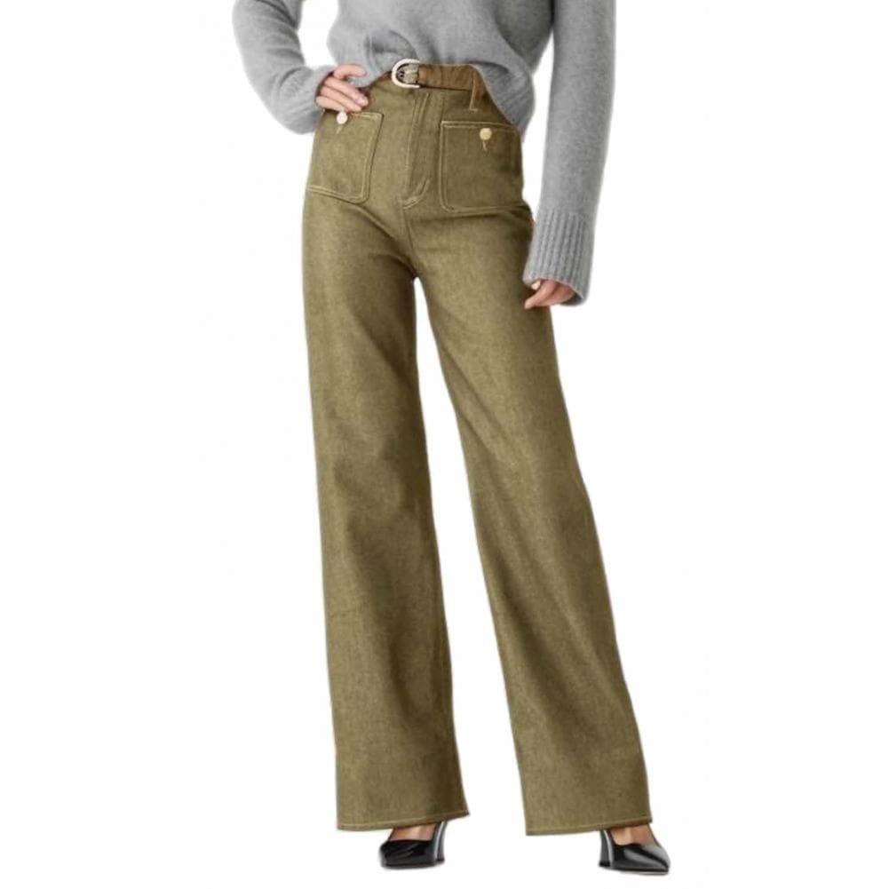 Women Jeans Flared Hem Straight Stretchy Vintage Loose Wide Leg High Waist Casual Multi Pockets Button Decor Streetwear XXL army green