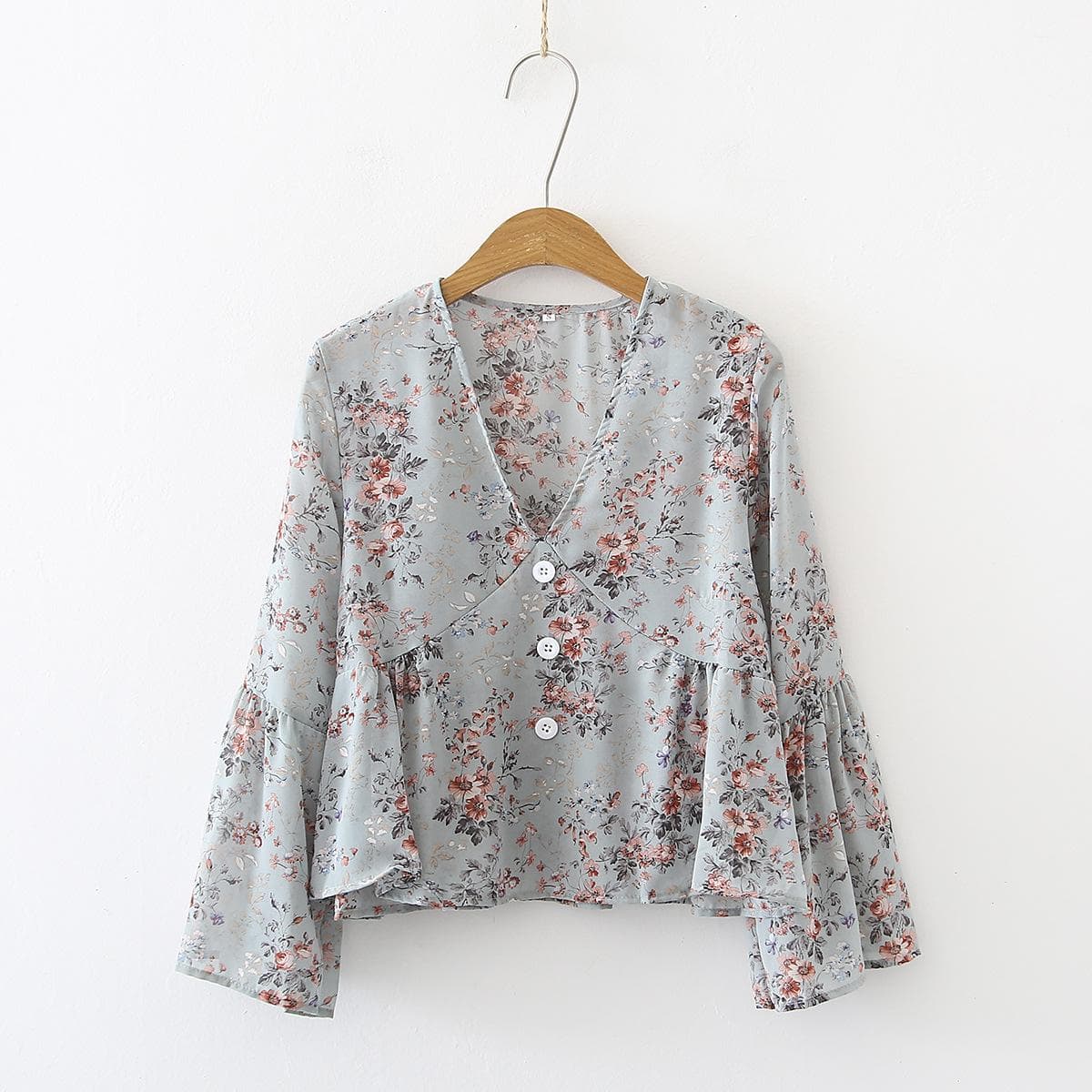 Button Up Skirt Doll Top Retro Floral V-neck Flared Sleeve Chiffon Shirt for Women L green