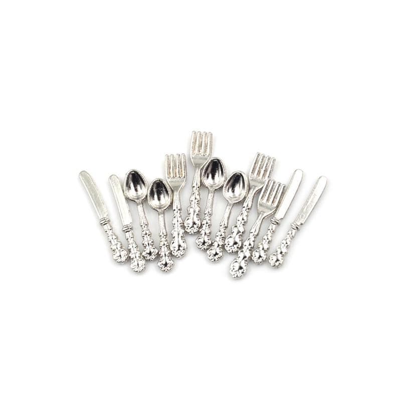 12Pcs 1:12 Mini Cutlery Knife Fork Spoon Kitchen Set Doll House Miniature Barbie Accessories Kid Toy silver