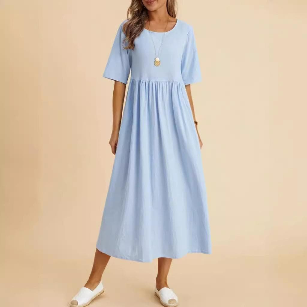 Summer Plus Size Women's Dress Loose Cotton Linen Round Neck Mid-Length Dresses 2XL light blue