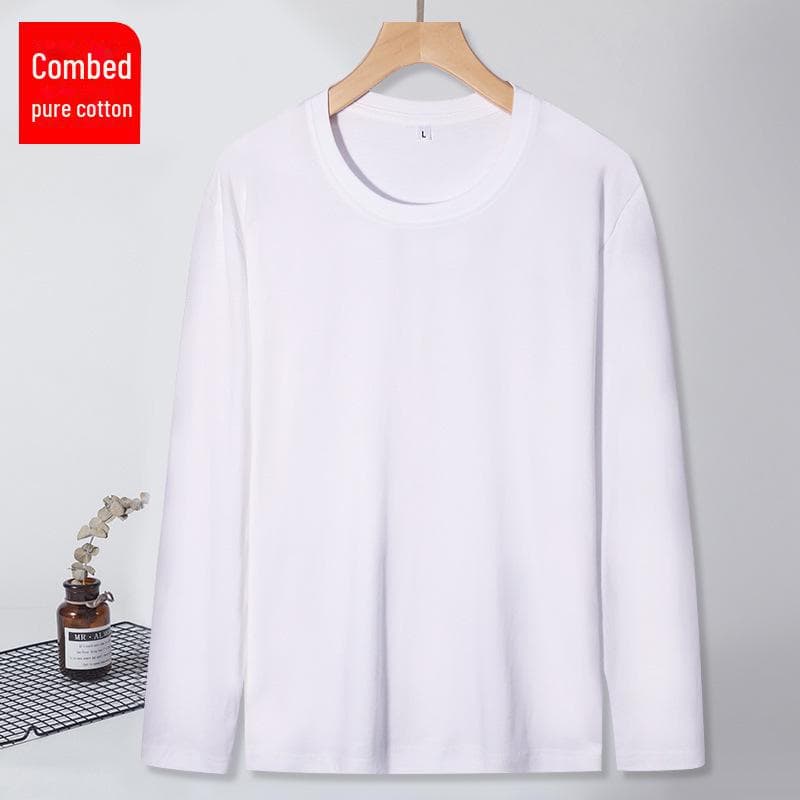 Men's White Cotton Long-Sleeve Crewneck Tee - Loose Fit Solid Color Autumn Top 5XL
