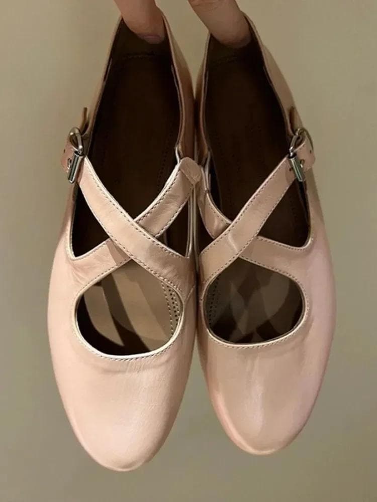 Spring/Summer New Round Head Cross Buckle Mary Jane Flat Shoes Casual Versatile Comfortable Ballet Large Women's Shoes 36