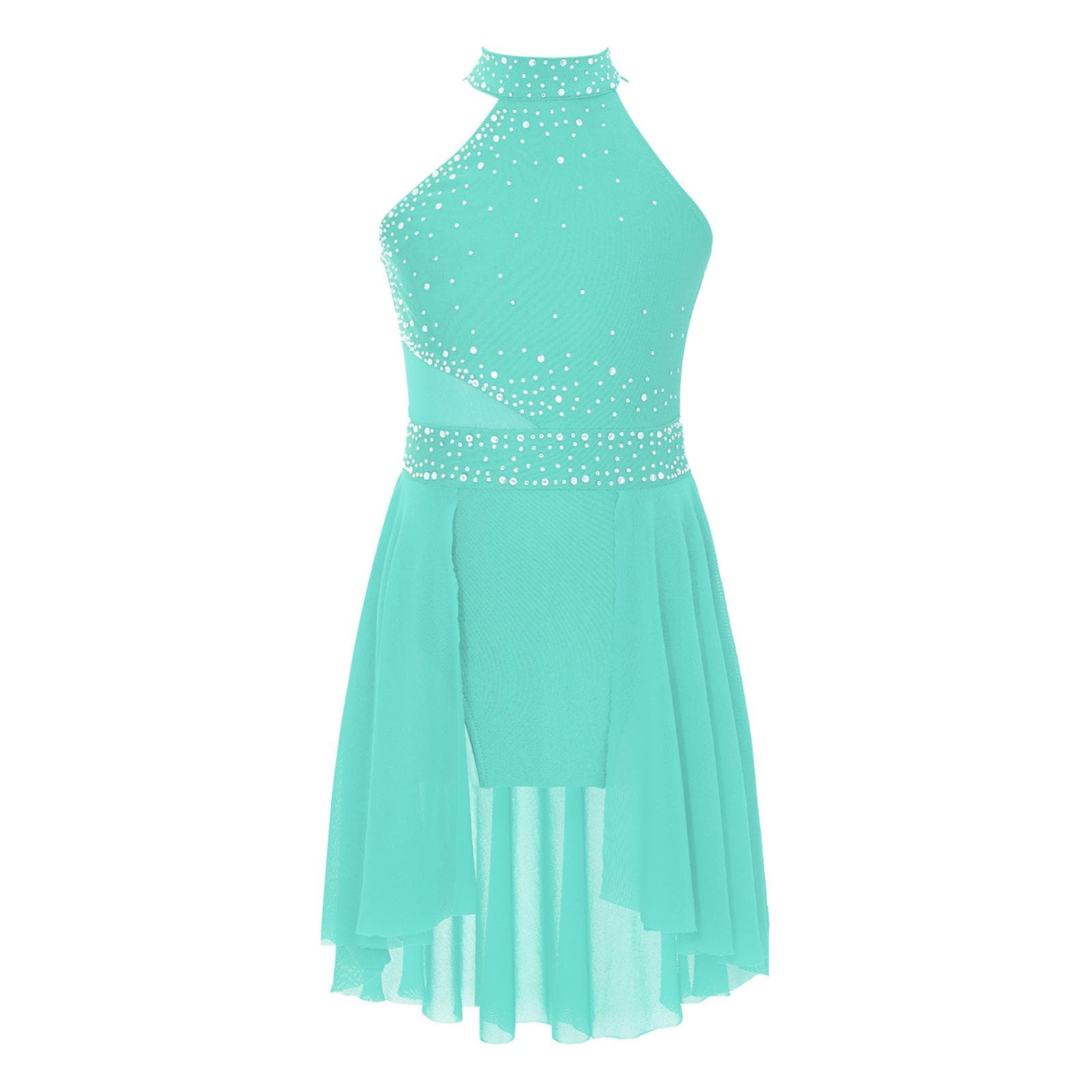 Girls Glittery Rhinestones Leotard Dress Irregular Hem Sleeveless Lyrical Dance Performance Costume 11-12 Years mint green