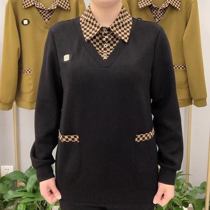 Plaid Fake Two-piece Base Shirt for Women's Spring and Autumn Long-sleeved Shirt Loose Collar To Make Mother's Casual Top 3XL black