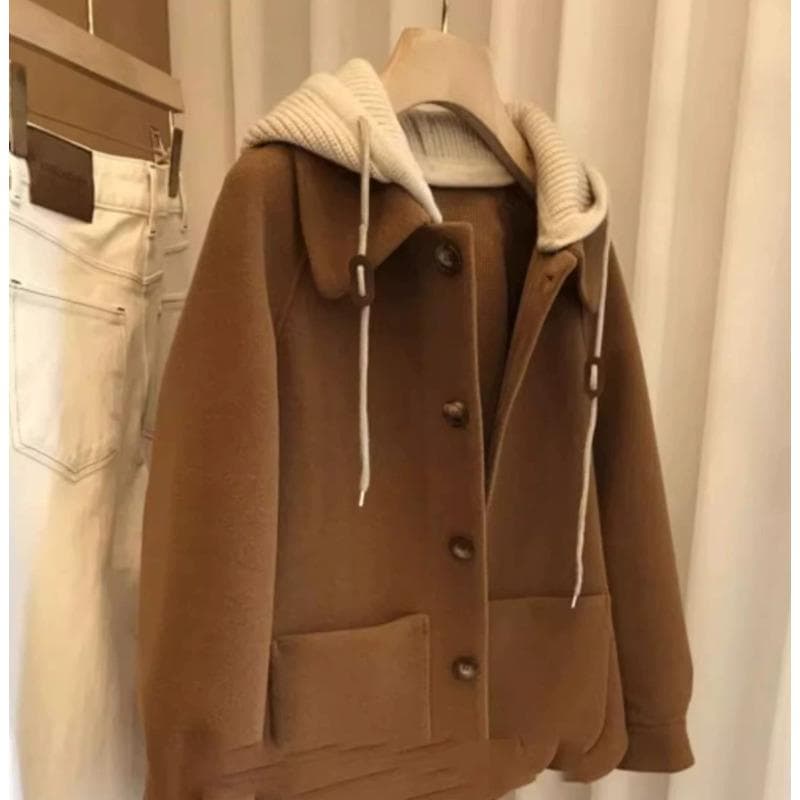 Autumn and Winter Woolen Top Splicing Knitted Hooded Woolen Coat Women's Loose Coat XXXL