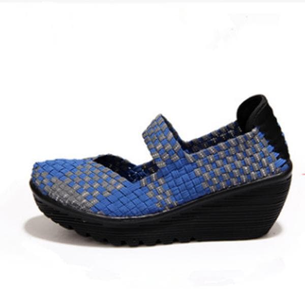 Women Summer Platform Woven Shoes Ladies Middle Chunky Heel Wedge Beach Sandals Casual Stretch Fabric Hollow Out Loafers Fashion 38 blue