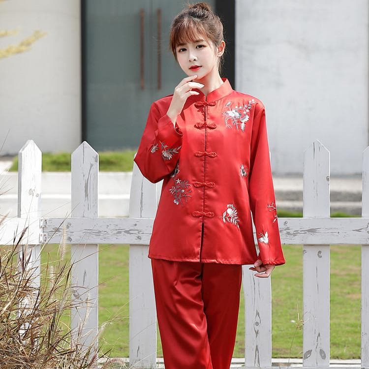 Pritning Flower Chinese Pajamas Sleep Set Shirt Pant Stand Collar Nightwear 2Pcs Embroidery Silk Vintage Button Sleepwear M