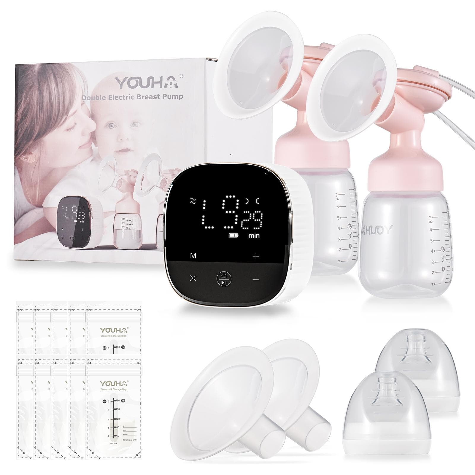 YOUHA A3 Double Electric Breast Pump for Breastfeeding Hands Free Breast Pump 3 Modes & 10 Suction pink