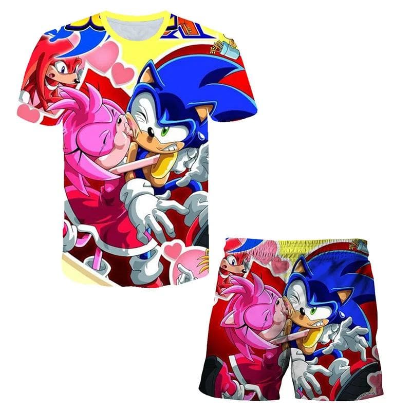 2025 MINISO New boys and girls super sonic Tshirts+shorts Harajuku Sonic print suit T-shirt + shorts fashion street style children's short sleeves 160