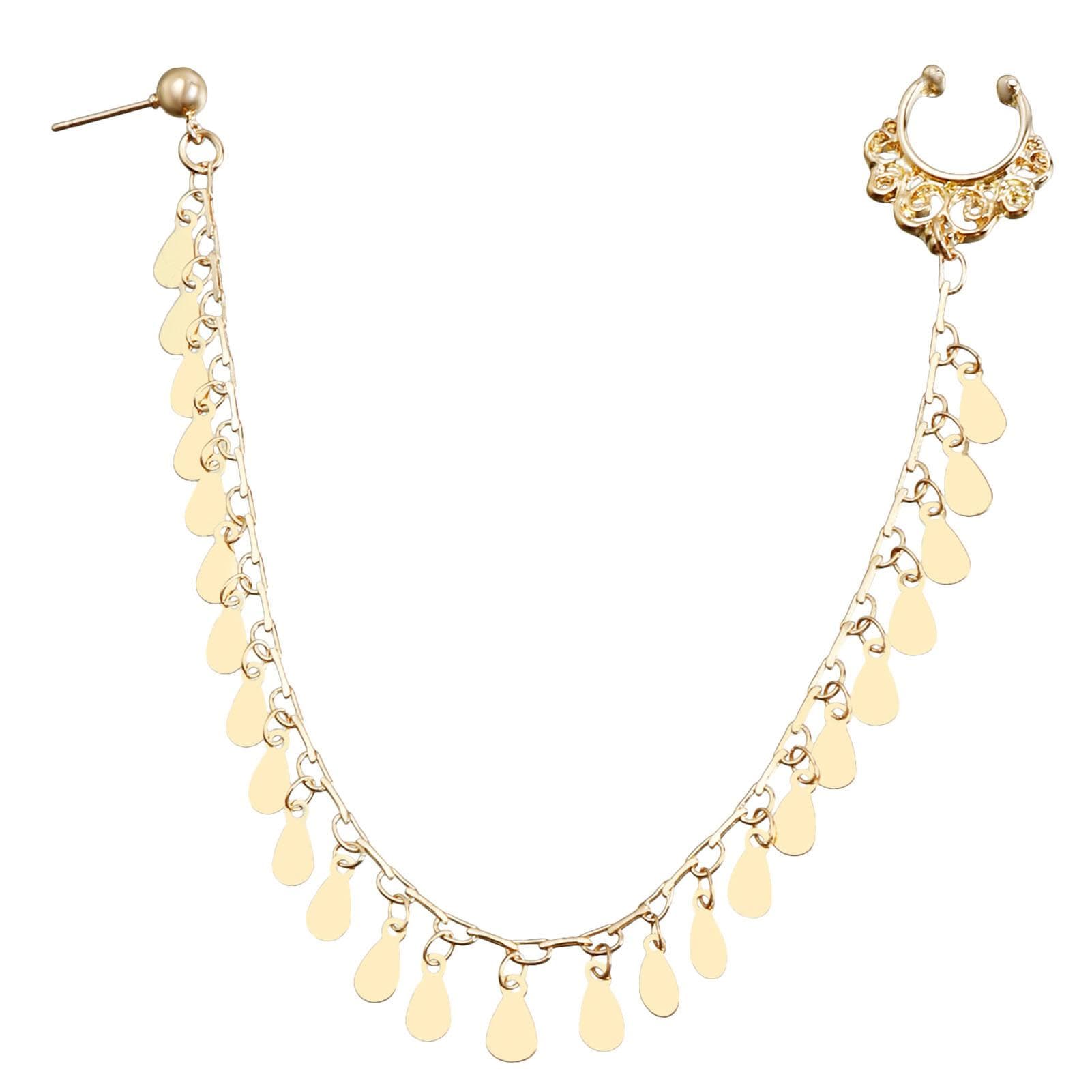 Women Nose To Ear Chain with Tassel Non Piercing Metal Shiny Non Allergenic Nose Hoop Ring ZW439 Uniform Size