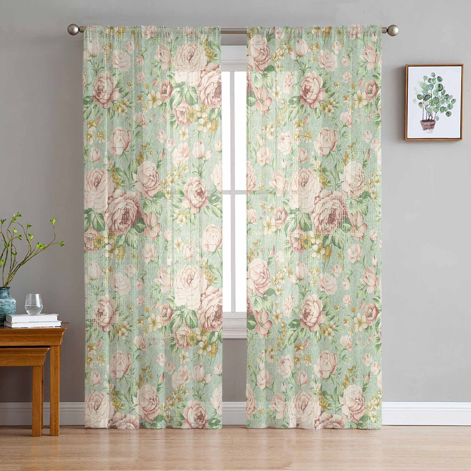 Flower Illustration Camellia Retro Tulle Window Curtains for Bedroom Luxury Home Decor Drapes in Living Room Chiffon Panels 135W x 114H(cm)