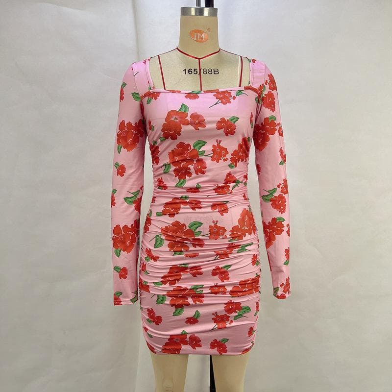 Women's Spring Print Sexy Square Neck Long-sleeved Waist Pleated Hip-wrapped Dress L pink