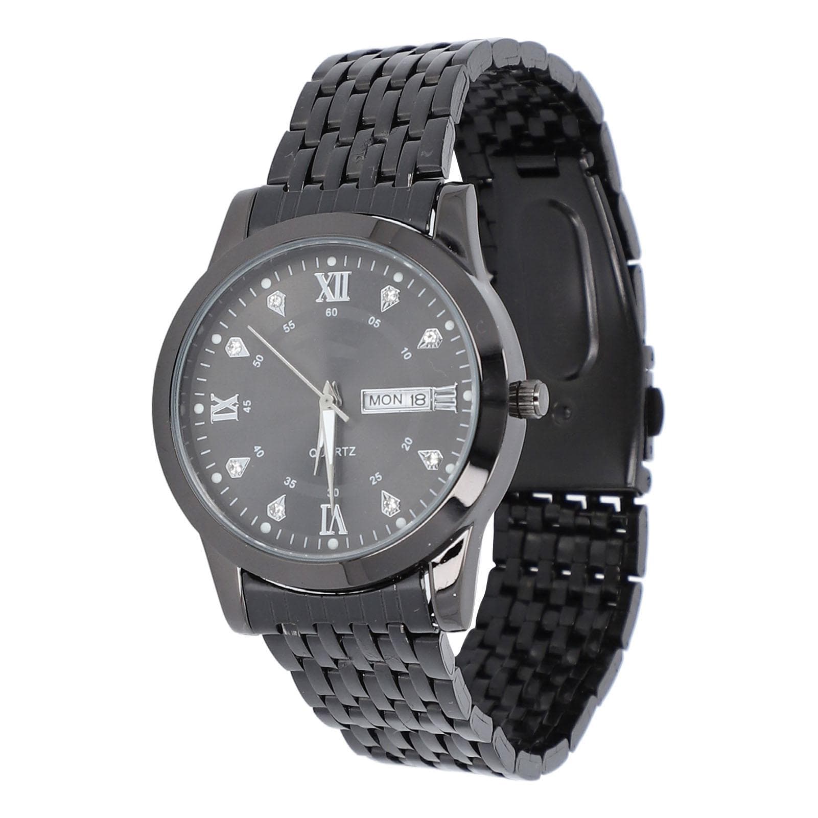 Quartz Wrist Watch for Men Luminous Hands Fashion Rhinestones Men Chronograph Analog Watch Black