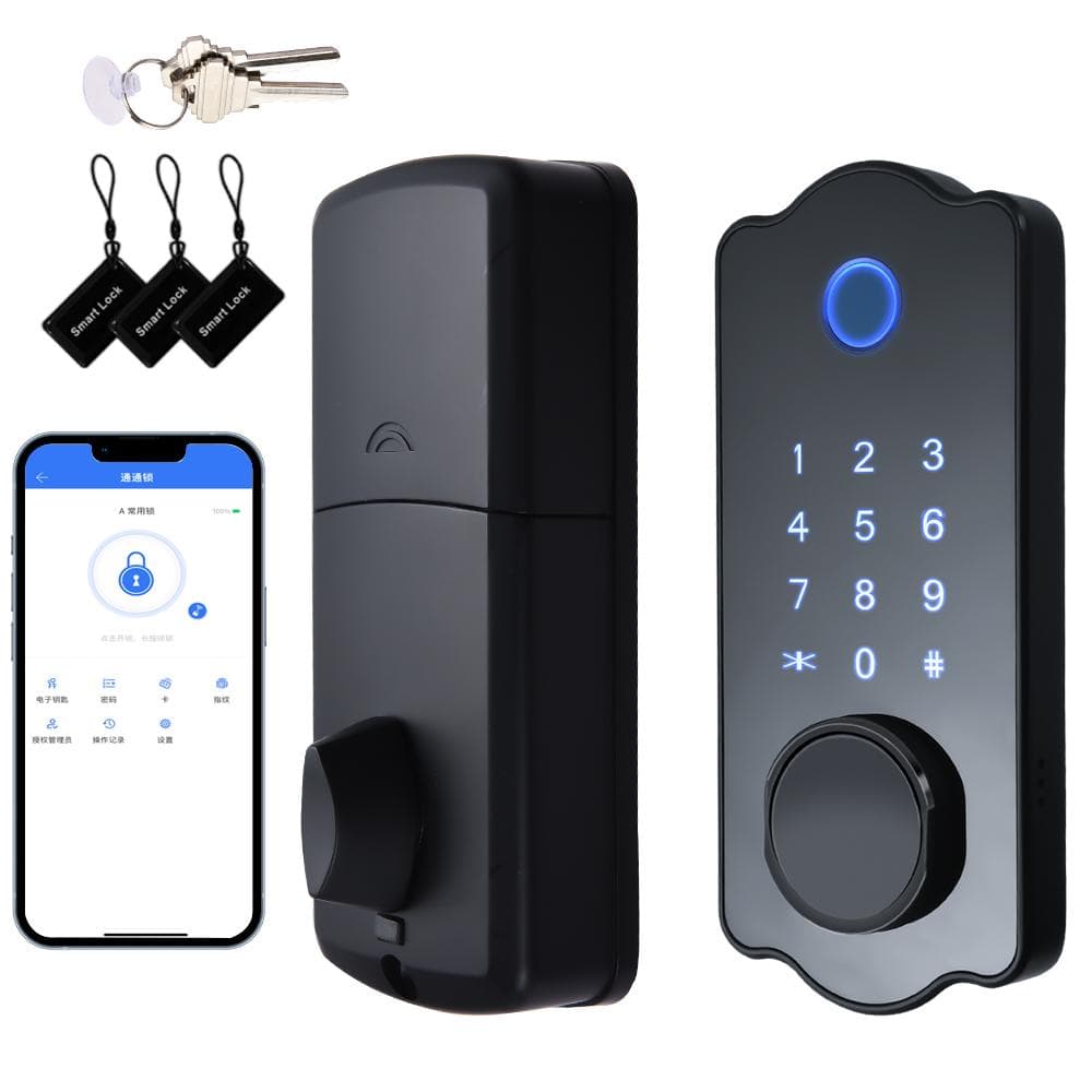 Keyless Entry Smart Door Lock Waterproof Auto Lock 5 in 1 TTlock App IC Card 150 Codes Electronic No Handle Lever Set black