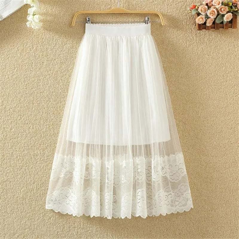 Lace Mesh Skirt Women's Mid-length High Waist Thin Gauze Skirt A-line Long Skirt Fluffy Pleated Skirt Fashion New Lace Embroidery S white