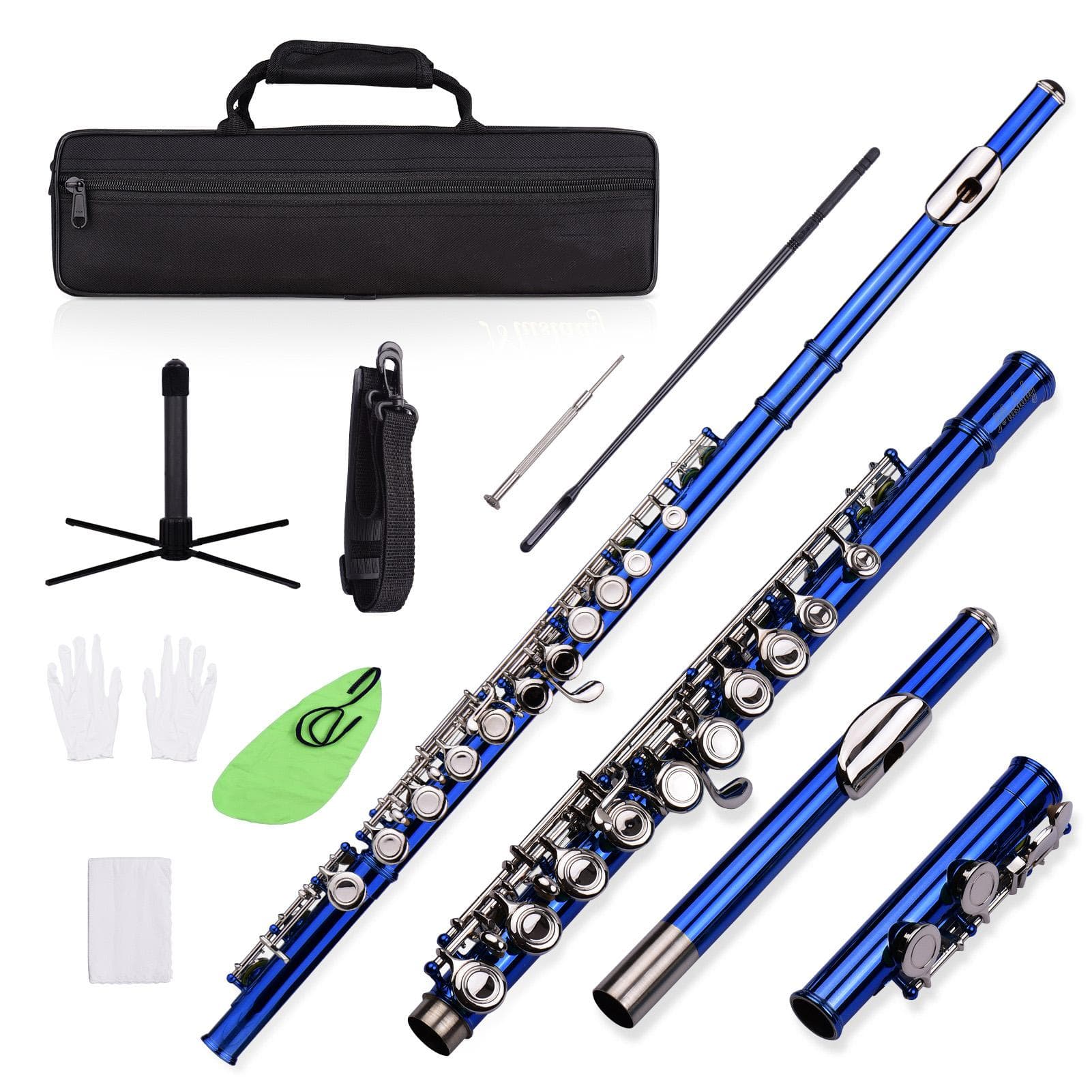 Closed Hole C Flute 16 Keys Cupronickel Nickel-plated Wind Instrument with Carry Case Flute Stand Gloves Cleaning Cloth Mini Screwdriver Cleaning Rod dark blue