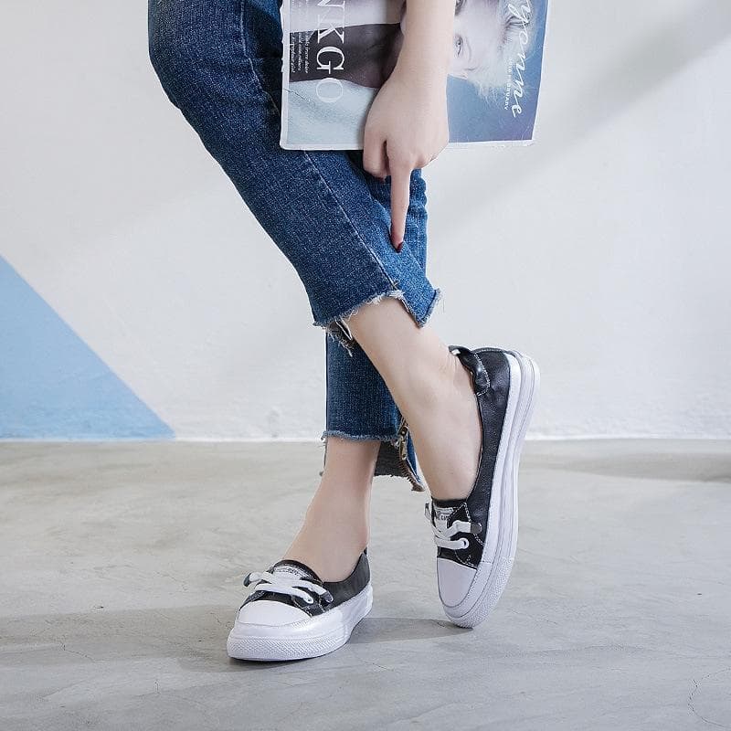 Genuine Leather Small White Shoes Women's New Spring All-match Korean Version Flat Bottom Lazy Single Shoes Shallow Mouth Breathable Summer 40 black