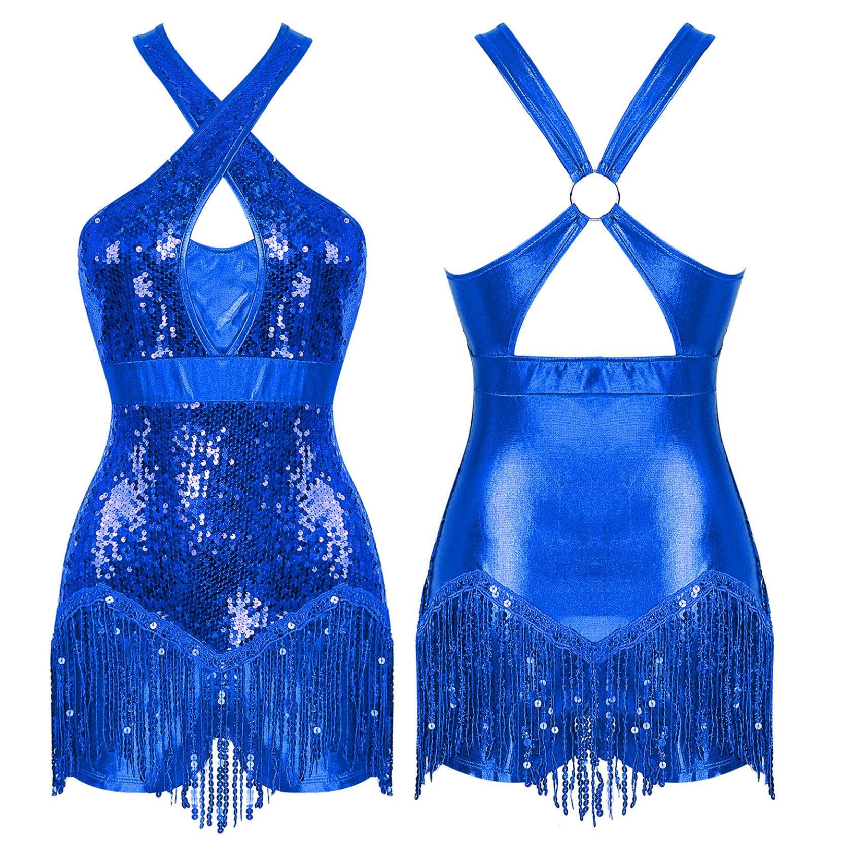 Women's One Piece Tassels Shiny Sequins Ballroom Latin Dance Leotard Flowy Fringe Bodysuit Dancewear S royal blue
