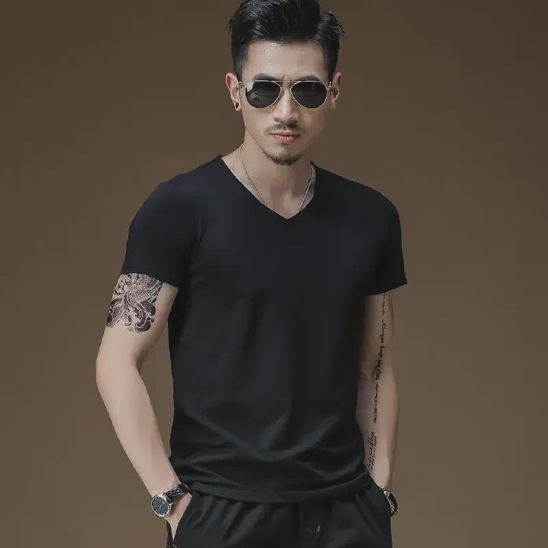 Men's Slim Fit V-Neck Short-Sleeve Cotton T-Shirt, Black L