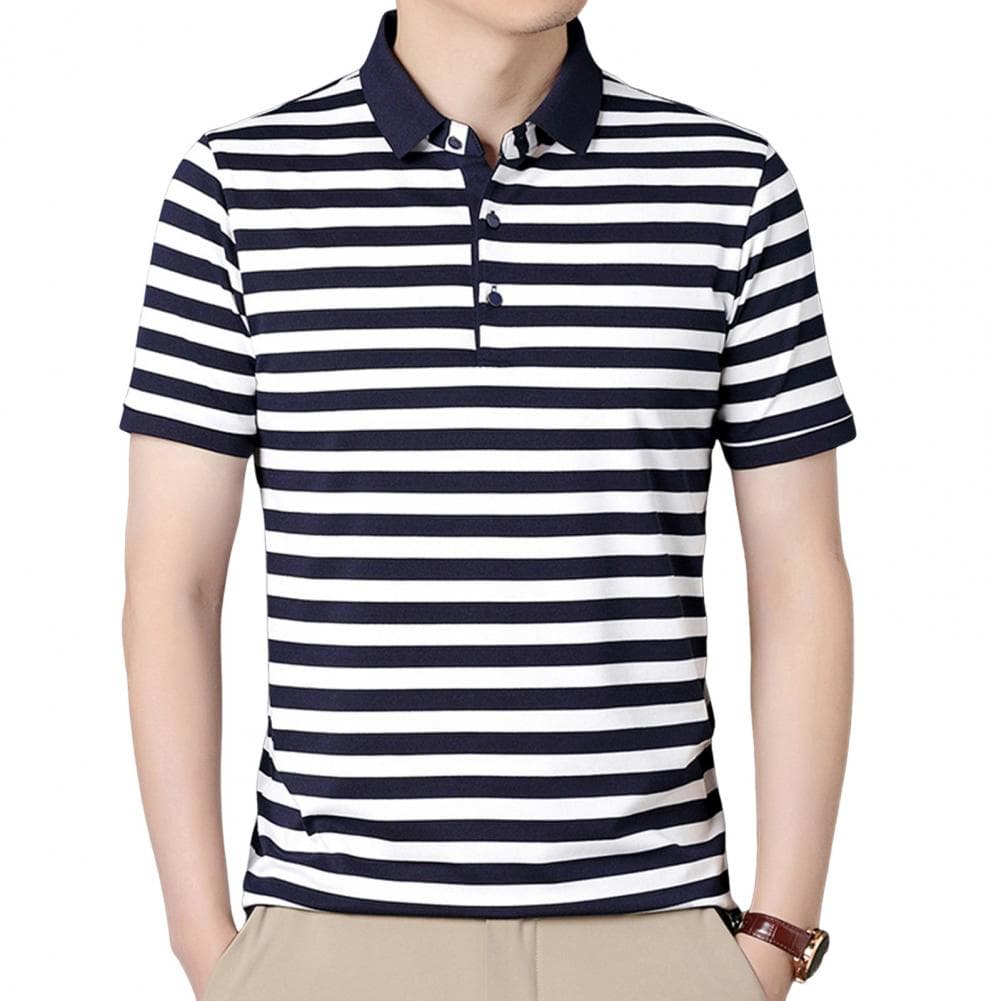Summer Men Formal Top Short Sleeve Lapel Half Button-down Color Matching Striped Mid Length Commute Office Wear Business Shirt M navy blue