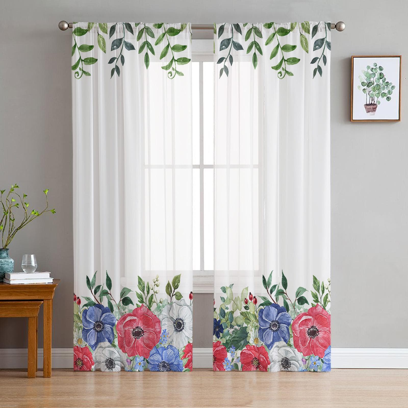 Independence Day Poppies Plants Flowers Voile Sheer Curtains Living Room Window Tulle Curtain Kitchen Bedroom Drapes Home Decor 135W x 114H(cm)