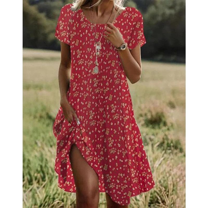 YYFS Women's Fashion Summer Spring Polka Dot Print Short Sleeve O-Neck Loose Waistline Casual Dresses XXL dark red