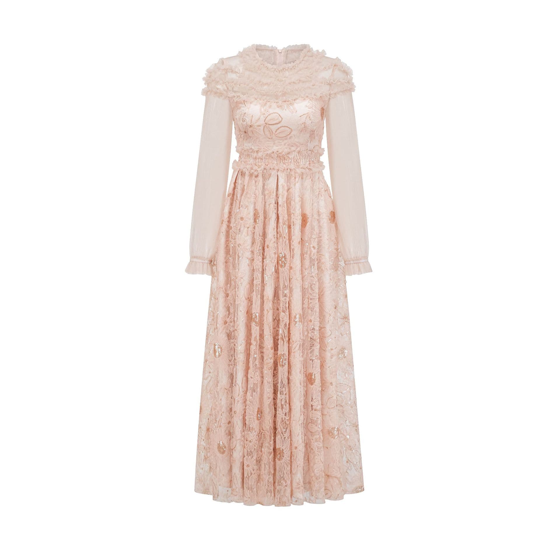 Lace Dress Long Dress Khaki Flower Long Sleeve High Waist Gala Dress XL