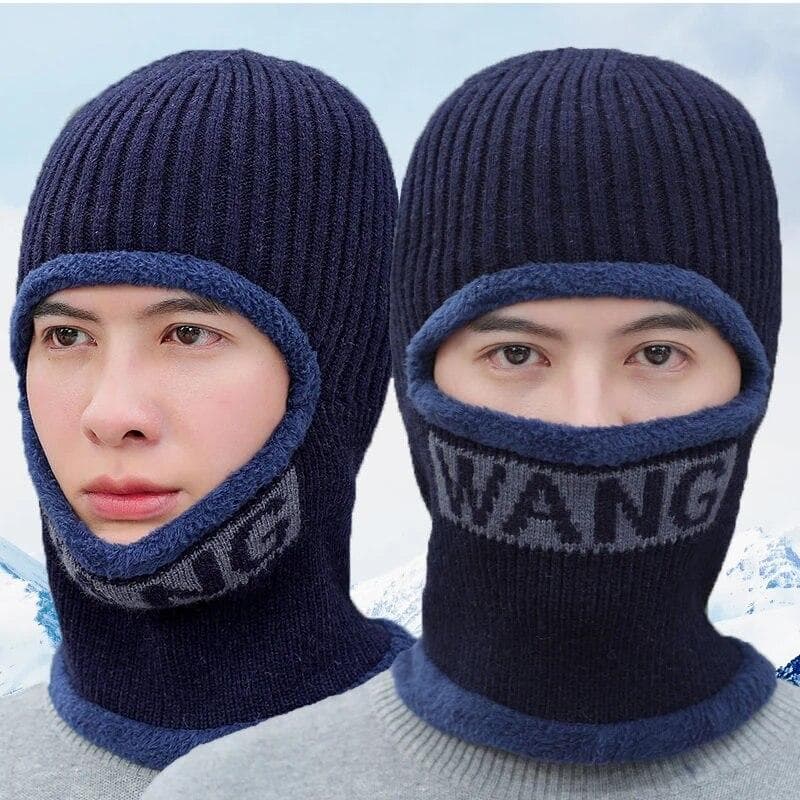 Winter Solid Color Warm Letter Knitted Hat Scarf Adult Plush Thicken Outdoor Windproof Caps Women Fashion Hat navy blue