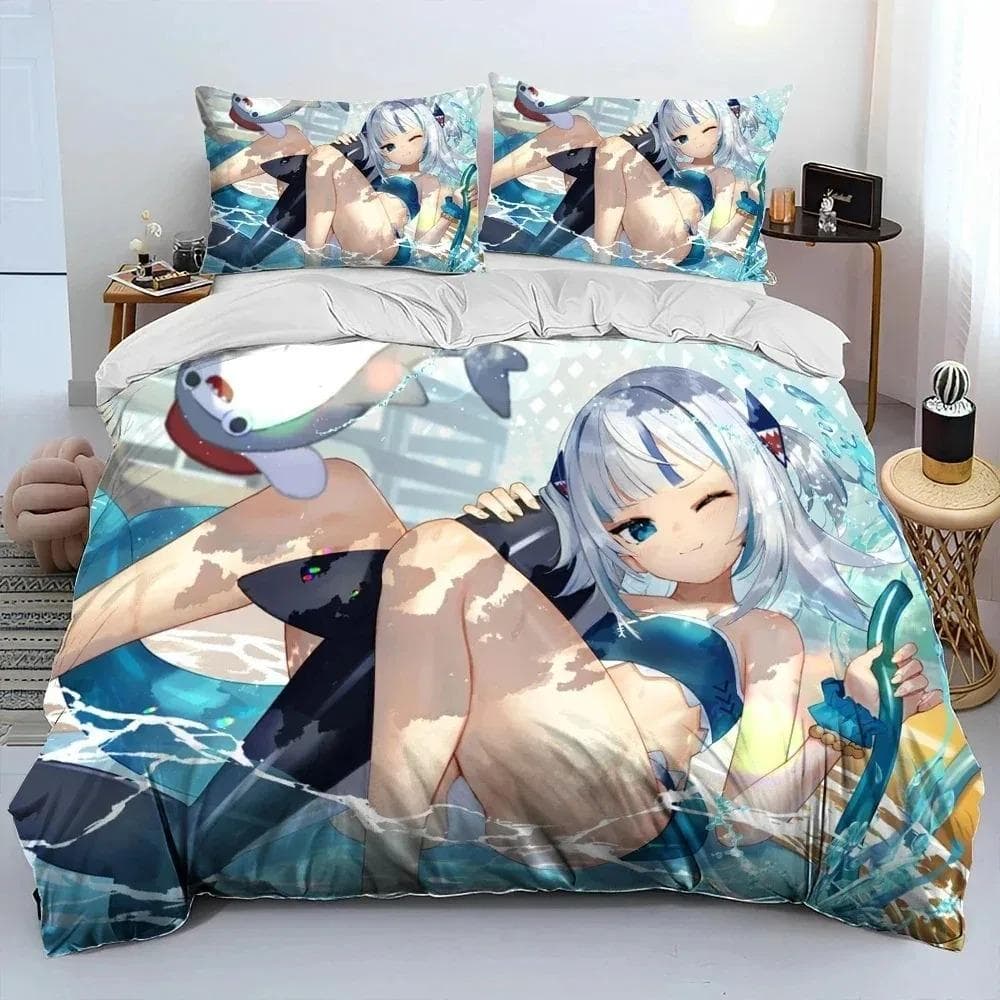 Cute Gawr Gura Hololive Anime Shark Comforter Bedding Set,Duvet Cover Bed Set Quilt Cover Pillowcase,king Queen Size Bedding Set 70x133cm 2pcs