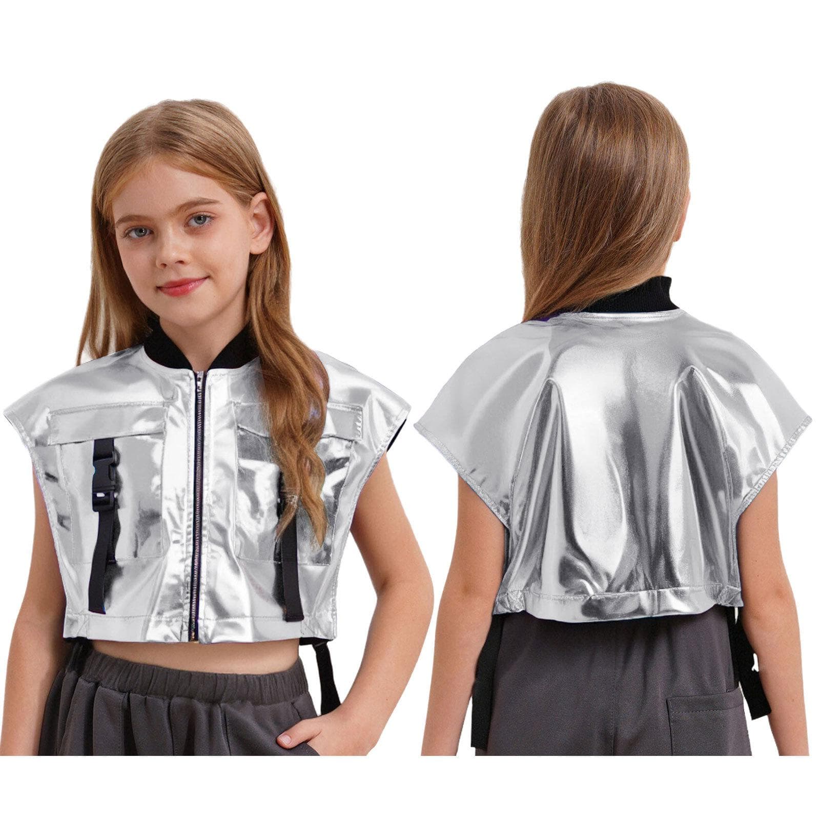 Kids Girls Jazz Dance Stage Vest: Sides Open Metallic Jacket with Zipper & Buckle Pockets, Sleeveless Performance Top 13-14 Years silver