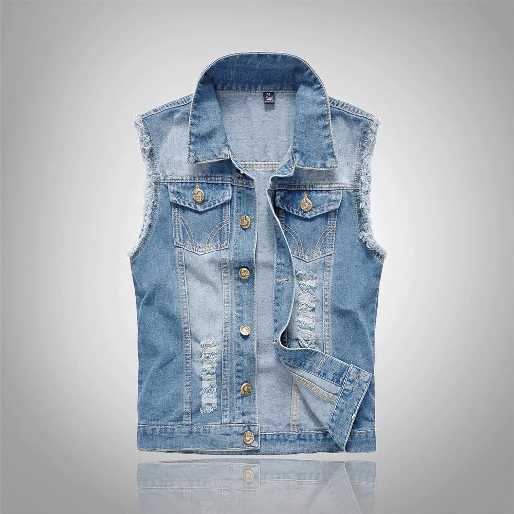 Men's Light Blue Distressed Denim Motorcycle Vest - Korean Style, Large Size 2XL light blue