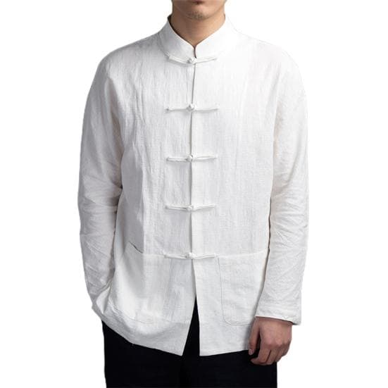Style Shirt Top Mandarin Collar Long Sleeve Pockets Disc Button Traditional Kung Fu Tai Chi L white