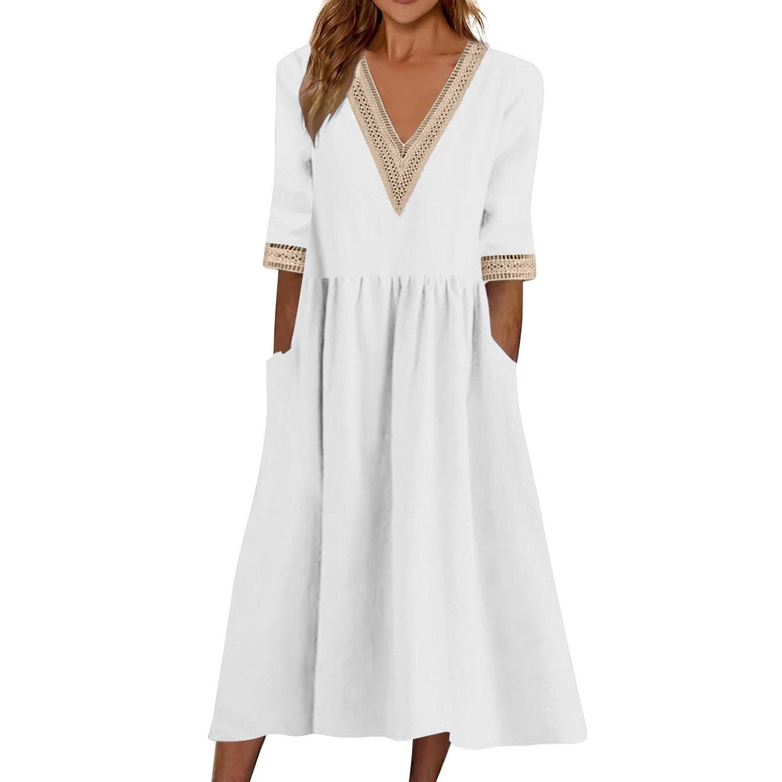 Women's Fashionable Casual Solid Color Short Sleeved Lace V-Neck Waist Cinched Dress XL white