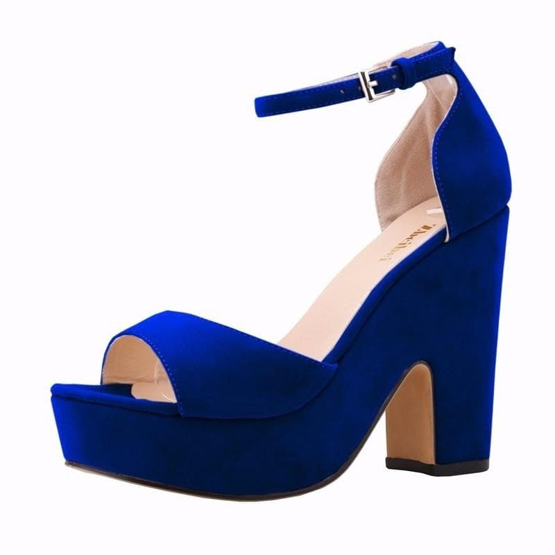 Summer Ankle Strap Sandal 12cm Women Pumps Sexy Peep Toe Square High Heels Woman Shoes Flock Platform Wedding Shoes 39 blue