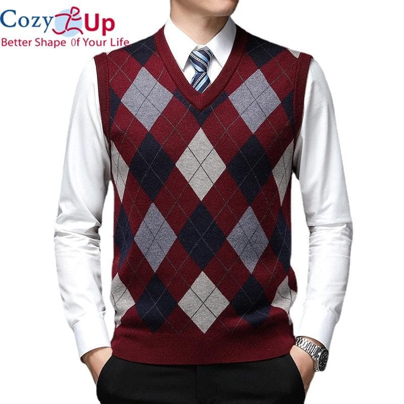 Cozy Up Pullover Diamond Sweater V Neck Knit Vest Men Wool Sleeveless Casual Men Knitted vest large sizes XXXL burgundy