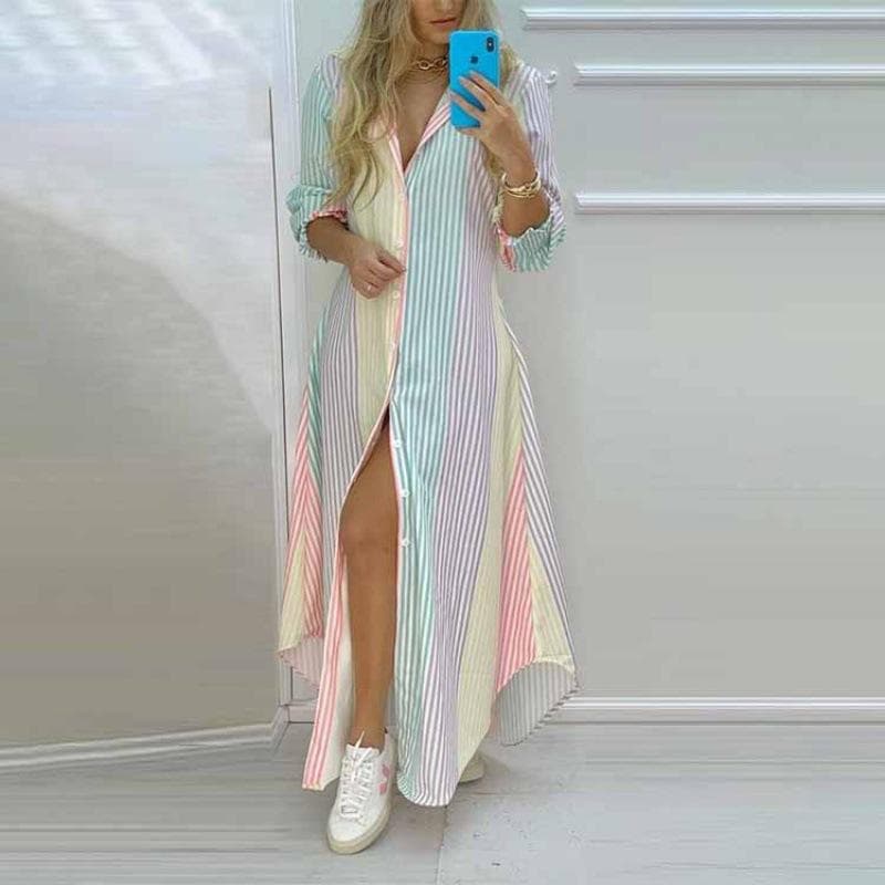 QICED Spring Women's Temperament Printed Single-breasted Split Shirt Dress Long Skirt XXXL