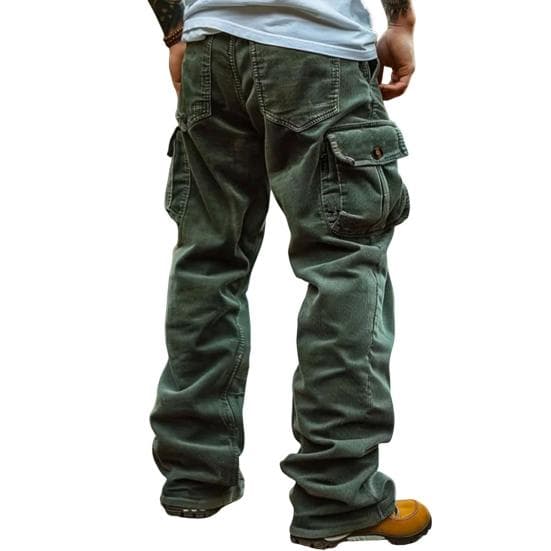 Men Cargo Pants Mid-rise Solid Color Corduroy Trousers with Multi Pockets Retro Style Casual Long Trousers XXXL army green