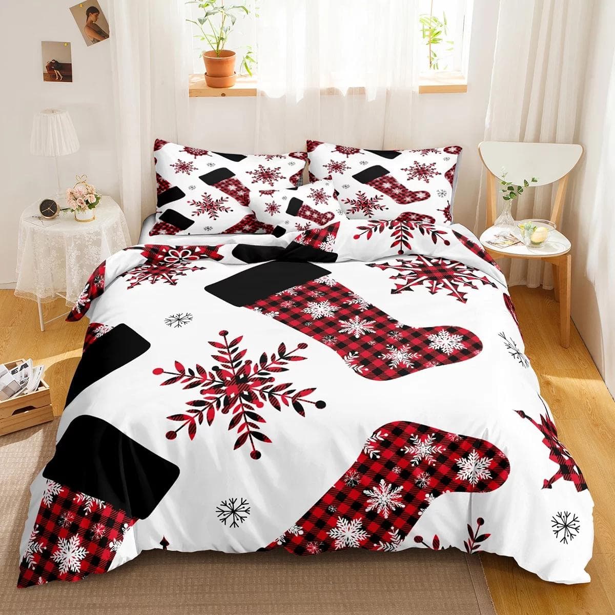 Red Christmas Duvet Cover Bedding Sets Snowflake Duvet Cover Set White Snowflake Microfiber for Bedroom Decoration Teens Women EU single(135x200cm)
