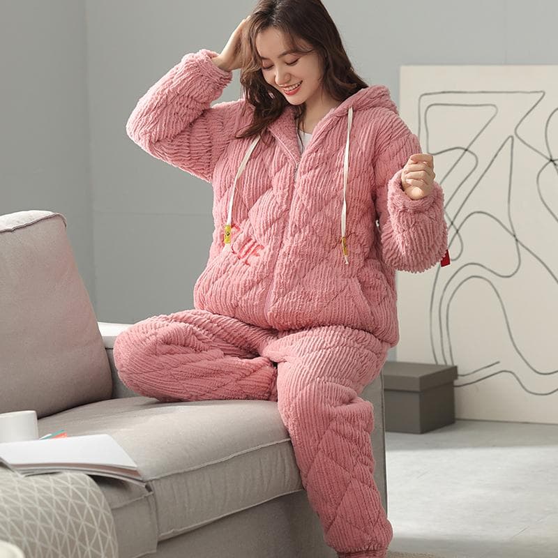 Couple Pajamas Set Men Women Hooded Pyjamas Male Female 3 Layer Clip Cotton Home Suit 3XL