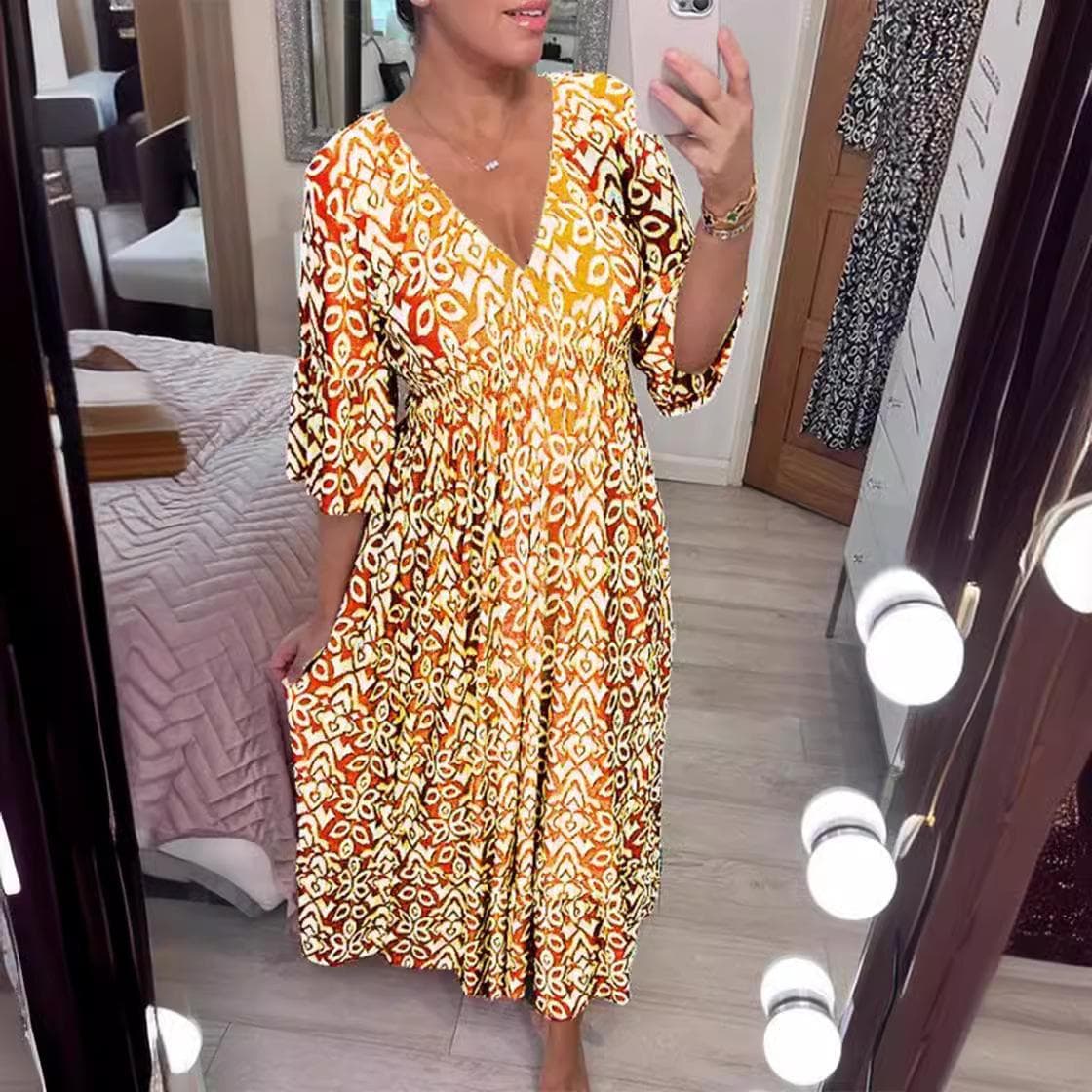 New Women's V-neck Floral Dress Seaside Vacation Beach Skirt Digital Printing Loose Long Skirt 5XL yellow
