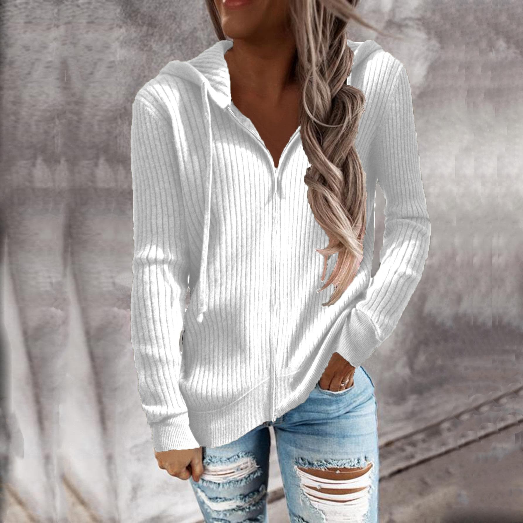European and American Autumn and Winter Women's Sweater Knitwear Long Sleeve Hooded Women S white