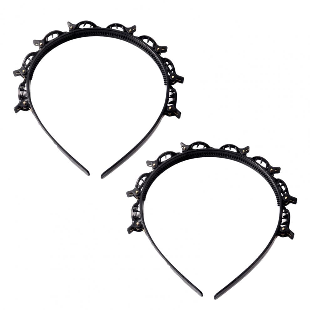 2Pcs Hair Hoop Double-Layered Hollow Braided Design Headband with Clips Bangs Styling Tool Clip-in Braided Headband black
