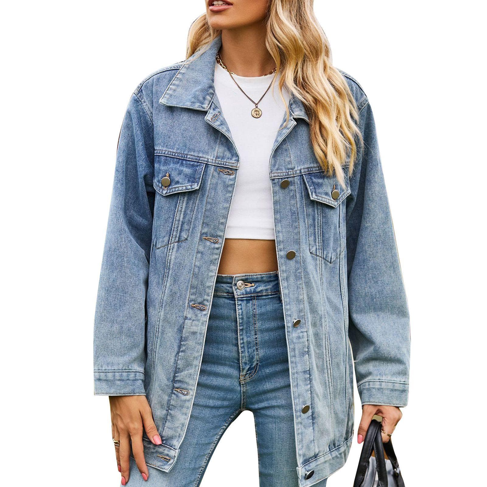 Women Button Up Jacket Long Sleeve Turn Down Collar Loose Fit Causal Outerwear with Chest Flap S blue