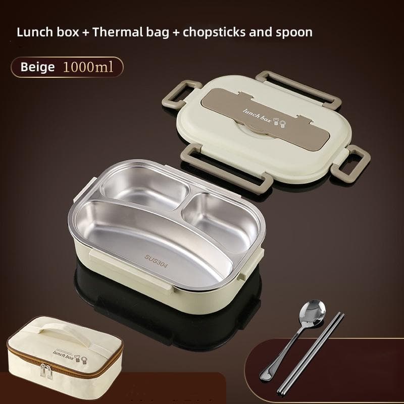 1000ML  304 Stainless Steel Insulated Lunch Box Office Workers Sealed Portable Lunch Box with Bag Students Kids Commercial Bento Box Set beige