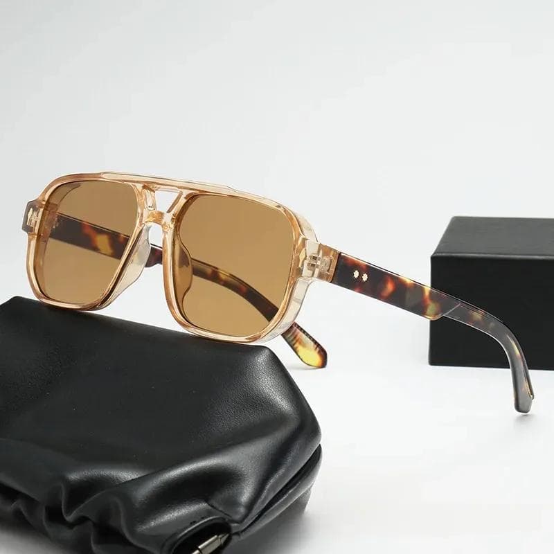 Retro Double Bridges Square Women Sunglasses Fashion Clear Ocean Lens UV400 Men Punk Sun Glasses Rivets Shades