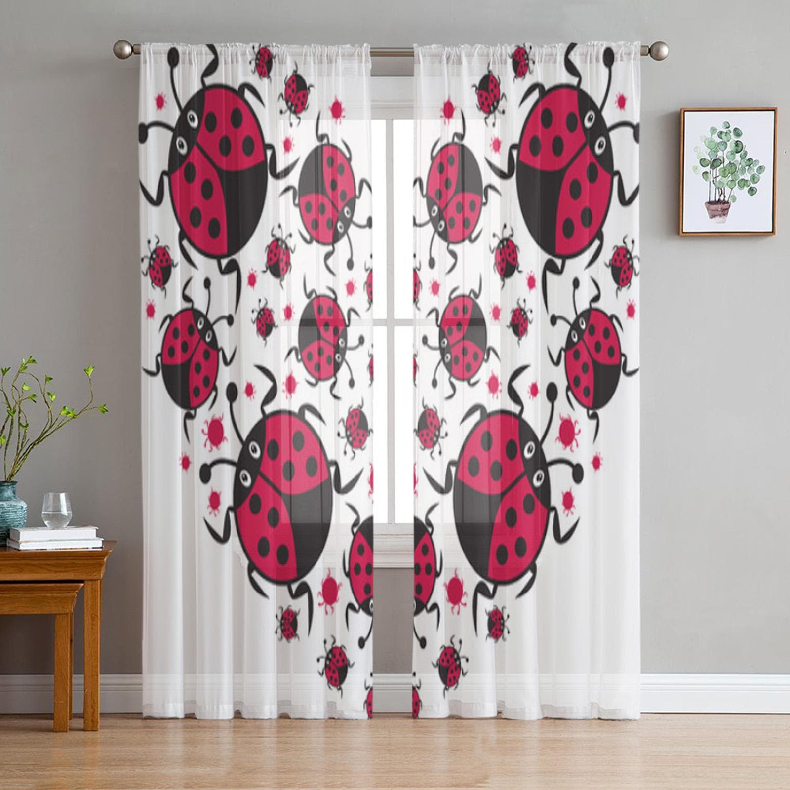 Cute Valentine Ladybird Heart Sheer Curtains for Living Room Transparent Tulle Window Curtain Bedroom Kitchen Decor Veil Drapes 135W x 114H(cm)