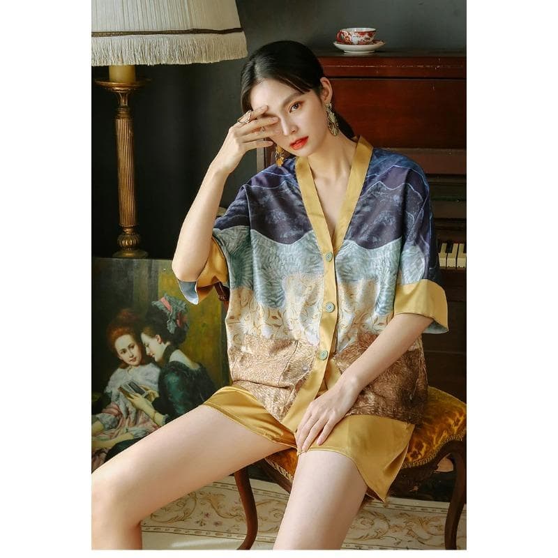 New Summer V Neck Printed Pajamas Women's Pajamas Set Silk Satin Short Sleeves 2 Pieces Loose Loose Casual Home Wear XL