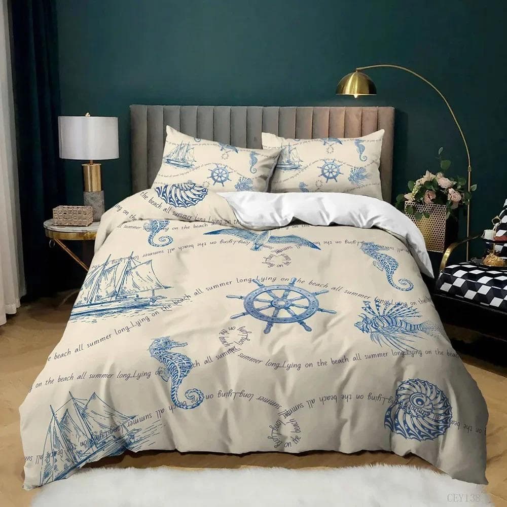 Ocean Bedding Set KingQueen Size Nautical Coastal Bedding hippocampus Comforter Cover for Kids Boys Girls,Sea Animal Duvet Cover 70x133cm 2pcs