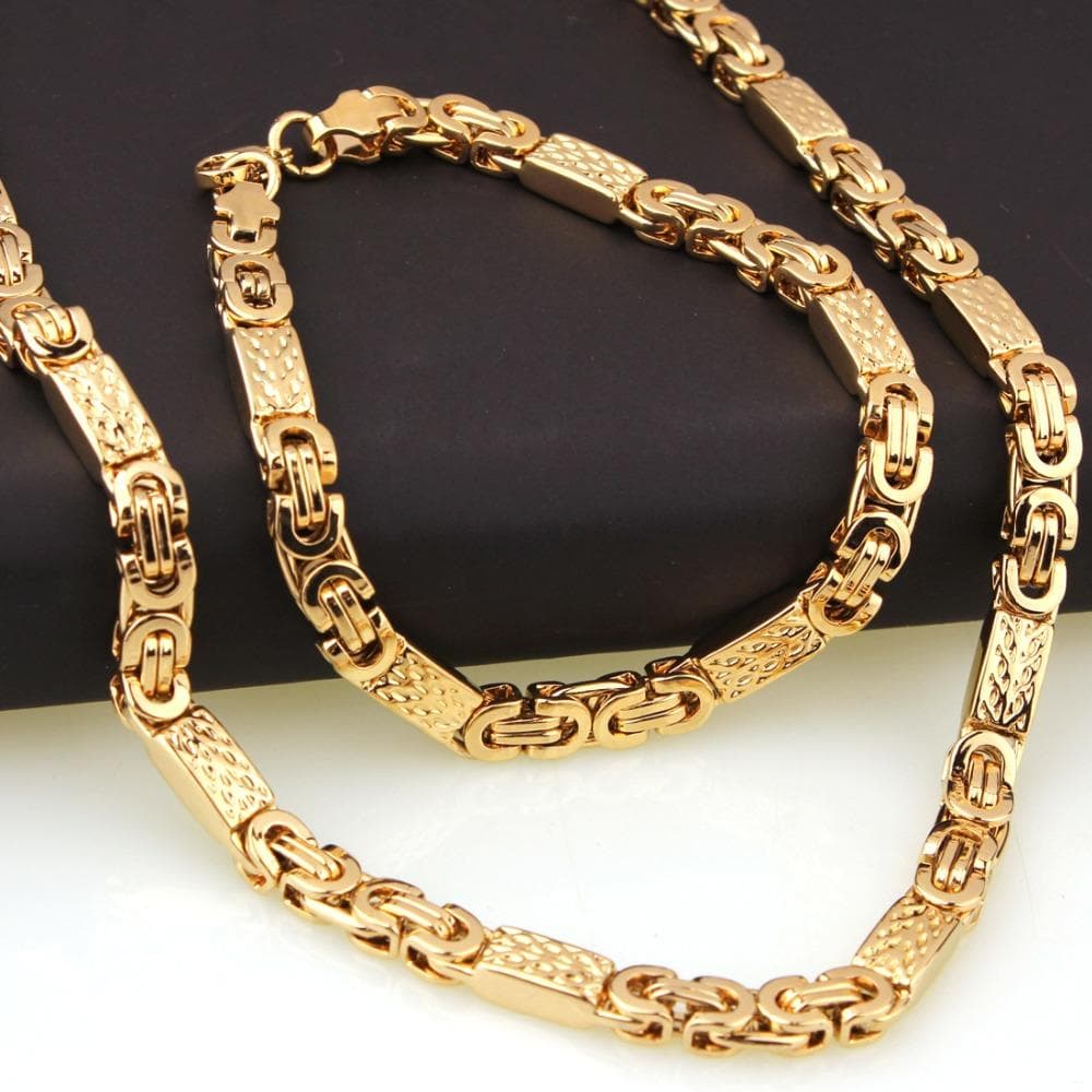 Fashion Men Women 6mm Gold Stainless Steel Lat Byzantine Chain Necklace Bracelet Jewelry Sets 55CM+22CM