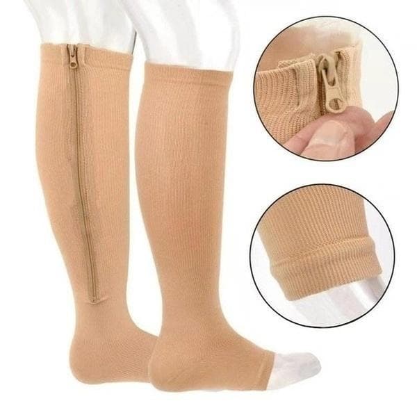 Unisex Toeless Compression Socks, Side Zip Up Knee High Socks,  Prevention Socks L/XL beige